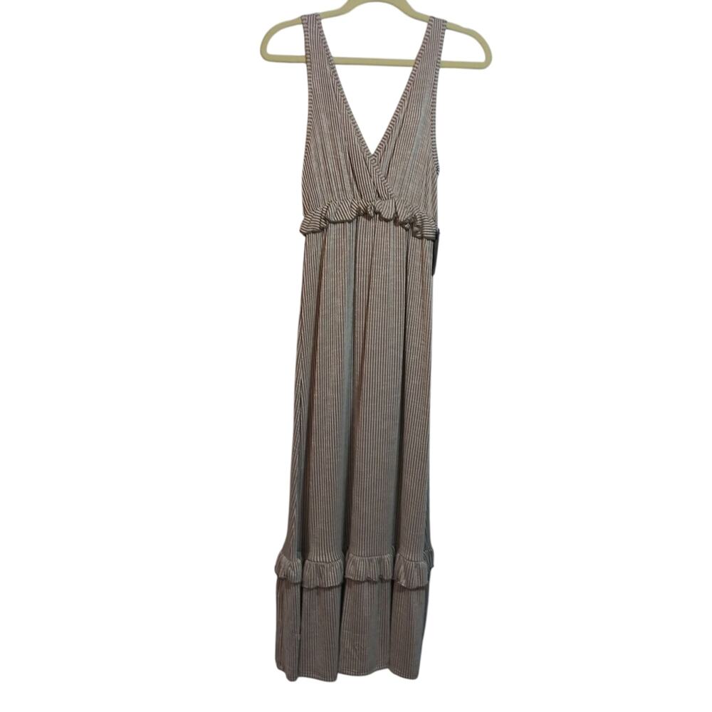 Caution To The Wind Tan Cream Striped V-Neck Ruffle Hem Midi Dress Size M